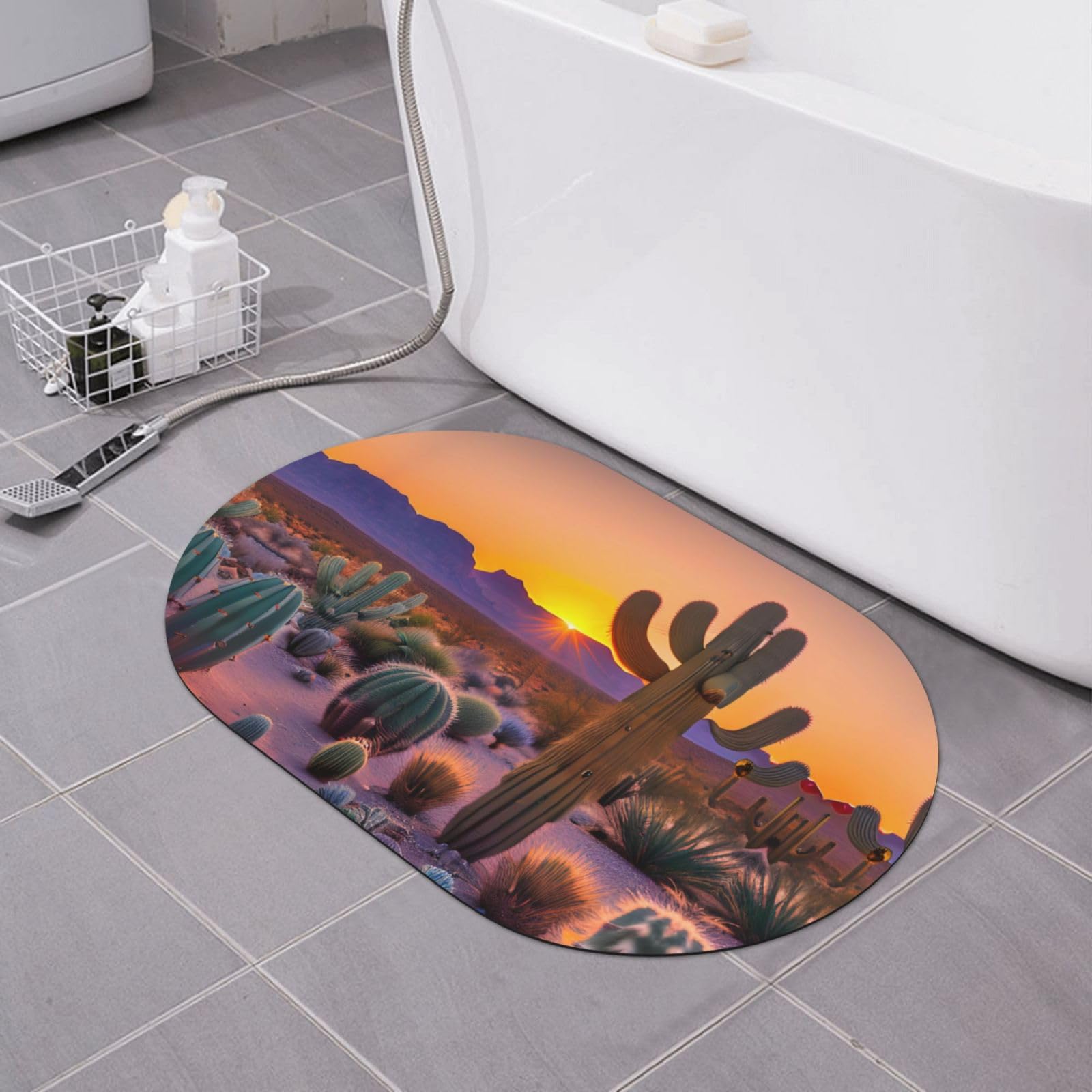 Tapis de bain en diatomée motif cactus et coucher de soleil