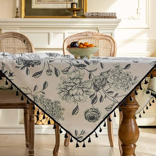 Miniatura 5 de Mantel floral con borlas, mantel de lino de algodón para restaurante, interior y decoración del hogar, manteles rectangulares 60 x 86 pulgadas (negro
