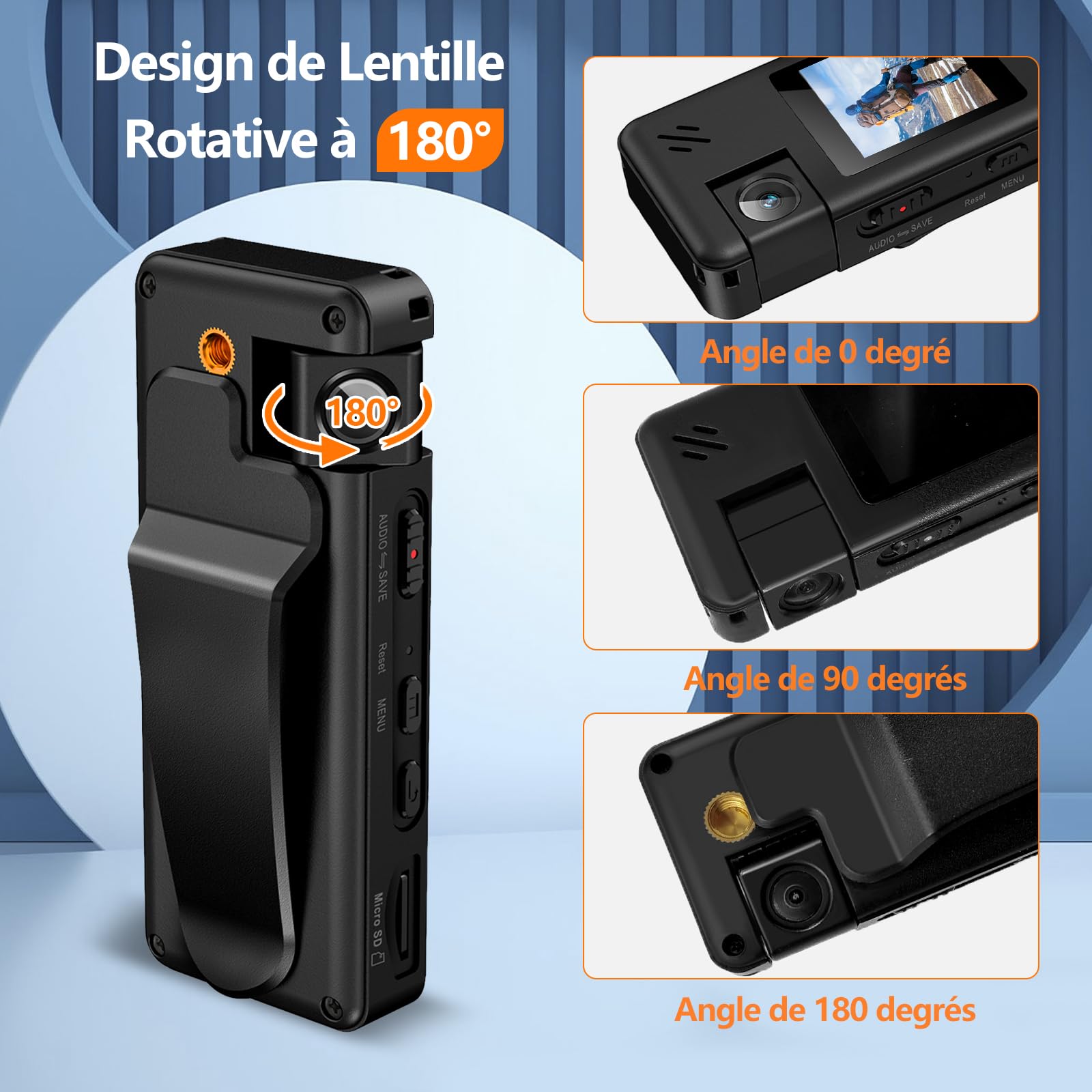 A32 128GB Caméra de Corps, Caméra Corporelle Portable avec Objectif Rotatif 180° et Détection de Mouvement, Caméscope 1080P avec Enregistrement Audio et Vidéo pour Outdoor Sports Police Livrais