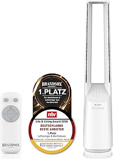 Brandson - Turmventilator ECO Line - blattlos rotorlos - sehr leise - Sieger Ventilatoren und Luftkühler 2026 - Sleep Modus – 6 Geschwindigkeiten – Fernbedienung – Oszillation - Standventilator weiß