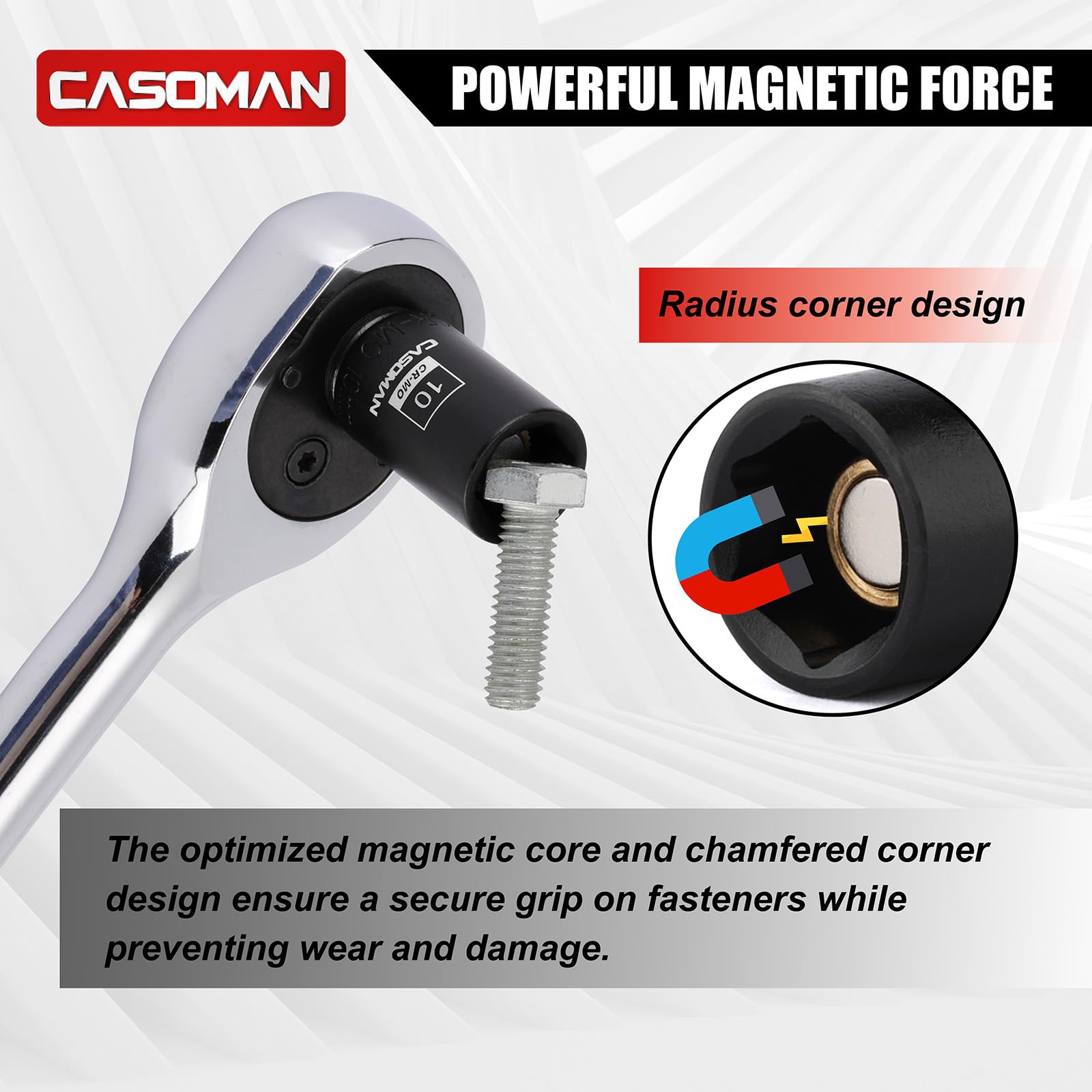 CASOMAN Set di 30 bussole magnetiche a impatto basso da 1/4", 6 punti, CR-MO, SAE e metrico, include barre di estensione, adattatori per prese e codolo esagonale, giunto universale