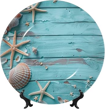Summer Starfish Decorative Porcelain Dish with Stand, Circle Decorative Plates for Table Seashells Wooden Home Office Kitchen Wall Decor, 8in