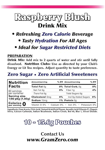 Miniatura 2 de GramZero Paquete económico de mezcla de bebida sin azúcar de rubor de frambuesa, ideal para té cargado de club de nutrición, bajo en calorías,