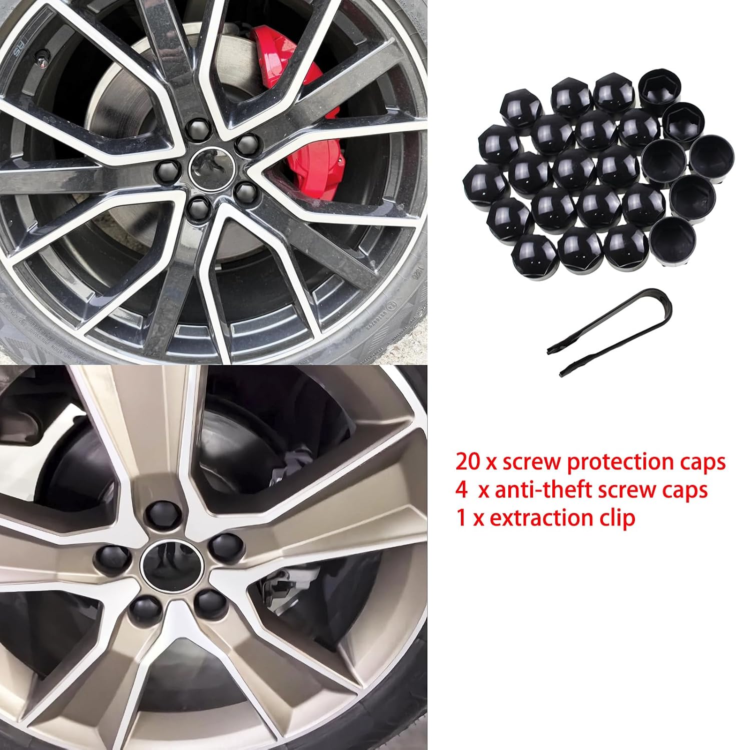 Lug Nut Covers Wheel Center Caps Tire Screw Cap for Audi Q3 Q5 S5 TT S3 S5 S6 S8 R8 A1 A2 A3 A4 A5 A6 A7 A8 RS3 RS4 RS5 RS6 24PCS+Disassembly Tool(Black)