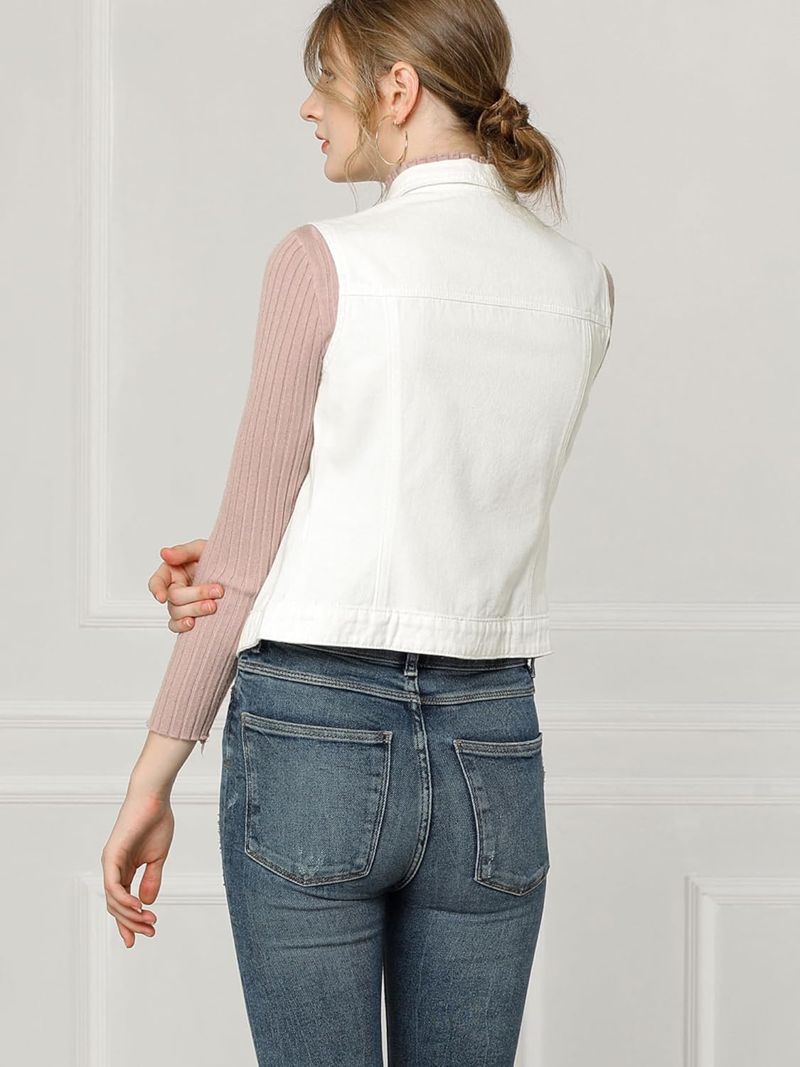 Allegra K Women's Buttoned Washed Denim Vest Jacket W Chest Flap Pockets
