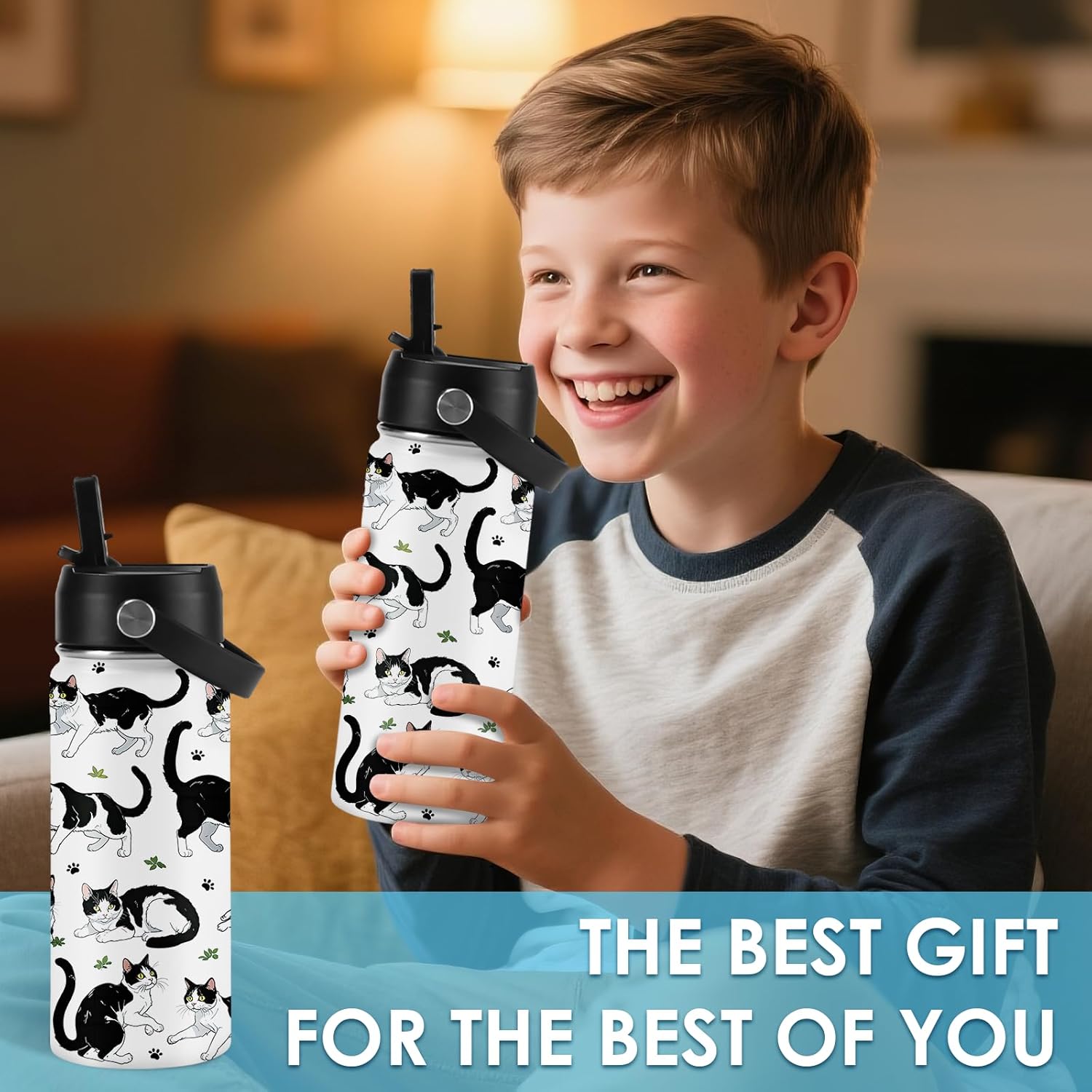Cat Gifts for Kids - 16oz Black Cat Water Bottle with Straw Lid, Stainless Steel Insulated Bottle, Leak Proof, BPA-Free, for Boys, Girls, School - Black and White Cat Gifts Cats Lovers Gift Cup(1pc) - Image 7