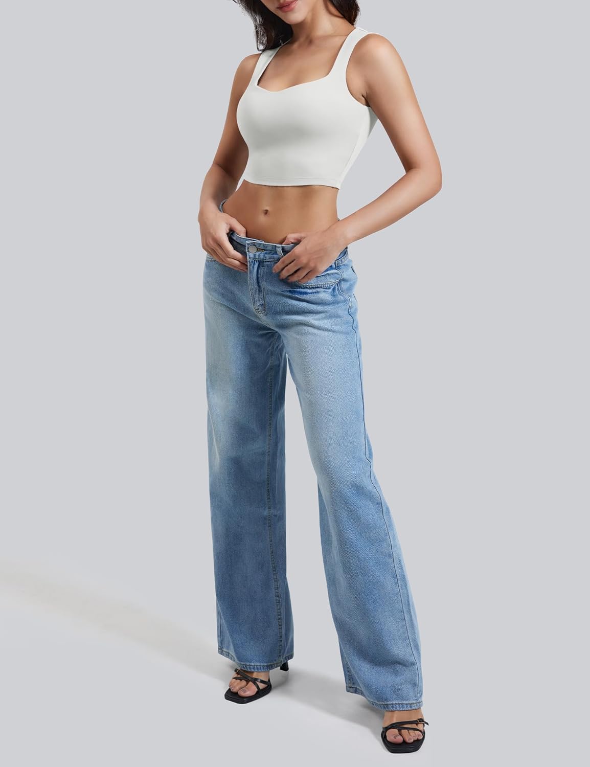 YEOREO Workout Top for Women Sleeveless Square Neck Sport Crop Top Built in Bra Tank Top Athletic Gym Cami Heart Collar - Image 5