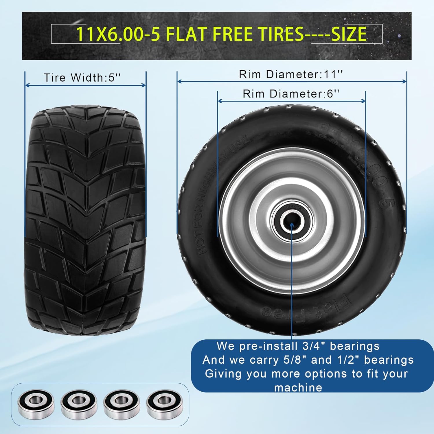 11x6.00-5 Flat Free Tires with 3/4" or 5/8" and 1/2" Bearings,11x6.00-5 Tires for Zero Turn Mower,6"- 8" Center Hub,Upgraded Large Bearing,More Durable,Load 400lbs