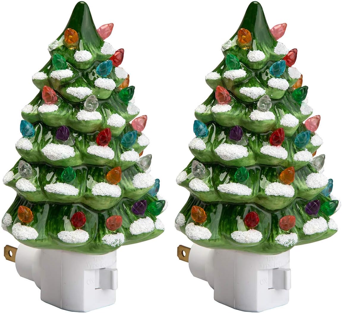 Fox Valley Traders Green Snow-Capped Ceramic Tree Night Light, Set of 2