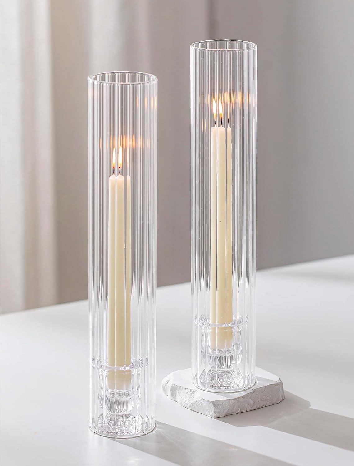 Romadedi Ribbed Glass Hurricane Candle Holder, Taper Candle Stick Set of 10