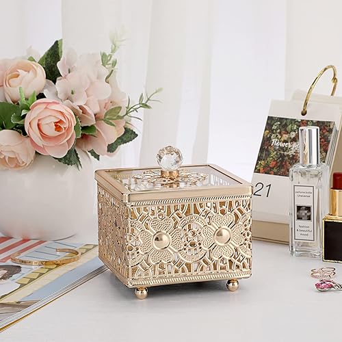Miniatura 2 de Hipiwe Caja de Joyería de Metal Tallada con Tapa de Vidrio, Organizador Cuadrado de Baratijas con Espejo Dorado, Cofre del Tesoro para Anillos,