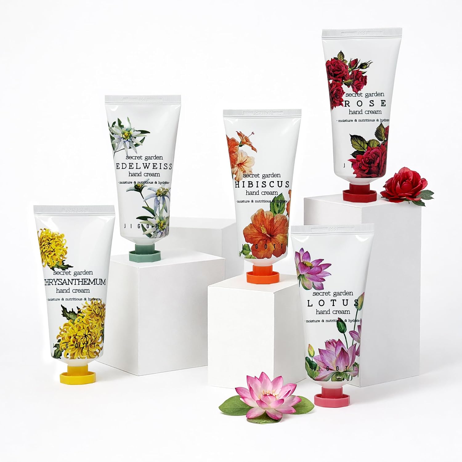 Jigott Secret Garden Hand Cream 5 Set - Moisturizing Daily Lotion for Dry Skin, Snail, Rose, Argan Oil, Hibiscus, and Pomegranate, Korean Skincare Gift - 100ml x 5/3.38 fl oz x 5 each