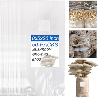 50Pcs Mushroom Growing Bag 6 Mil Thick Mushroom Spawn Bags Autoclavable Bags 8"x5"x20" Mushroom Grow Kit 0.2 Micron Filter Mycobag Grow Kit Tear Resistant Strong