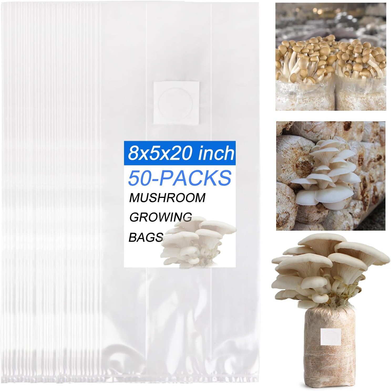 50Pcs Mushroom Growing Bag 6 Mil Thick Mushroom Spawn Bags Autoclavable Bags 8"x5"x20" Mushroom Grow Kit 0.2 Micron Filter Mycobag Grow Kit Tear Resistant Strong