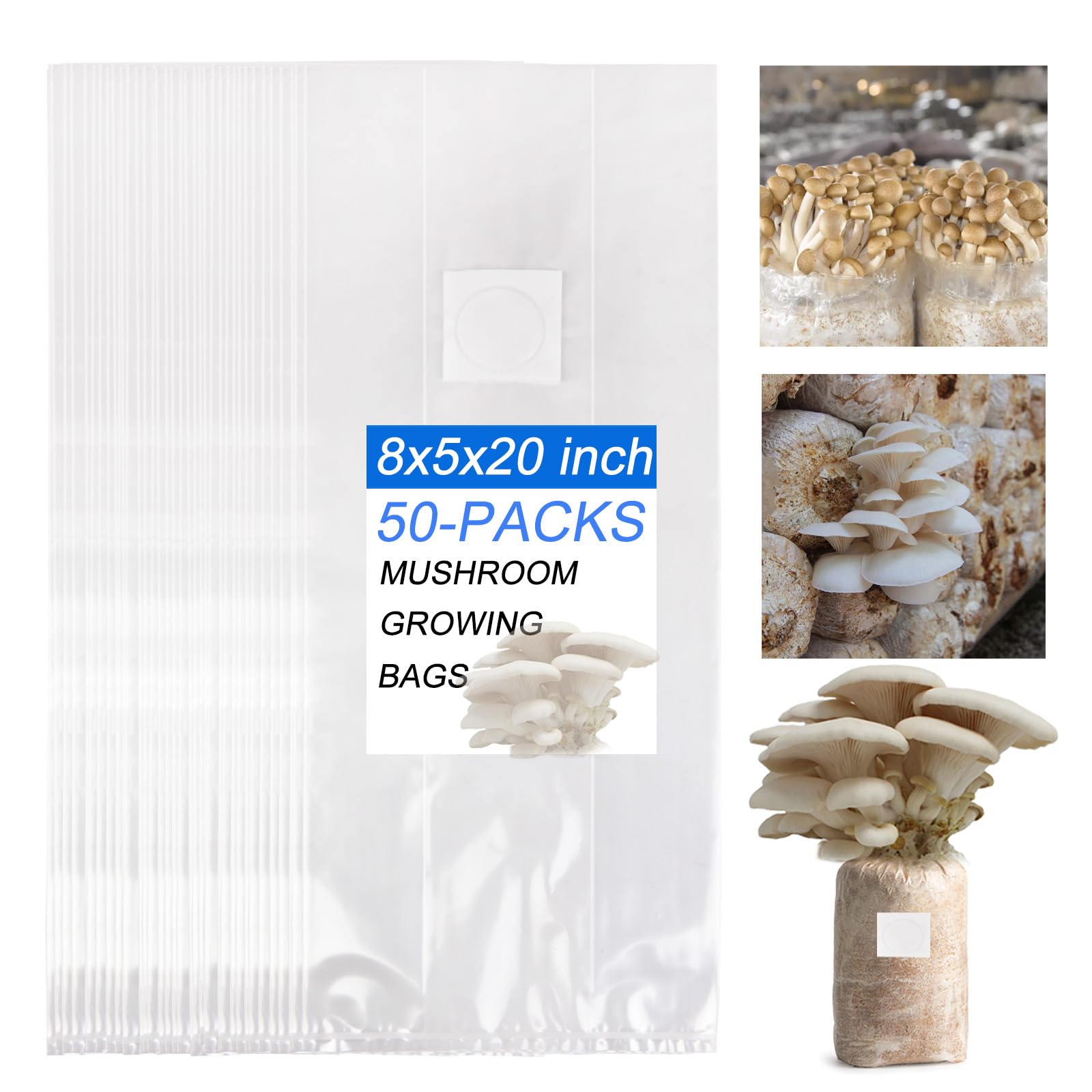 50Pcs Mushroom Growing Bag 6 Mil Thick Mushroom Spawn Bags Autoclavable Bags 8"x5"x20" Mushroom Grow Kit 0.2 Micron Filter Mycobag Grow Kit Tear Resistant Strong