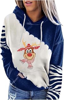 AMhomely Women Blouse Tops Sale Clearance,Print Round-Neck Pullover Tops Long Sleeve Hooded Blouse Sweatshirt Christmas Jumper Funny Graphic Reindeer Santa Xmas Jumper Sweatshirt Ladies UK Size