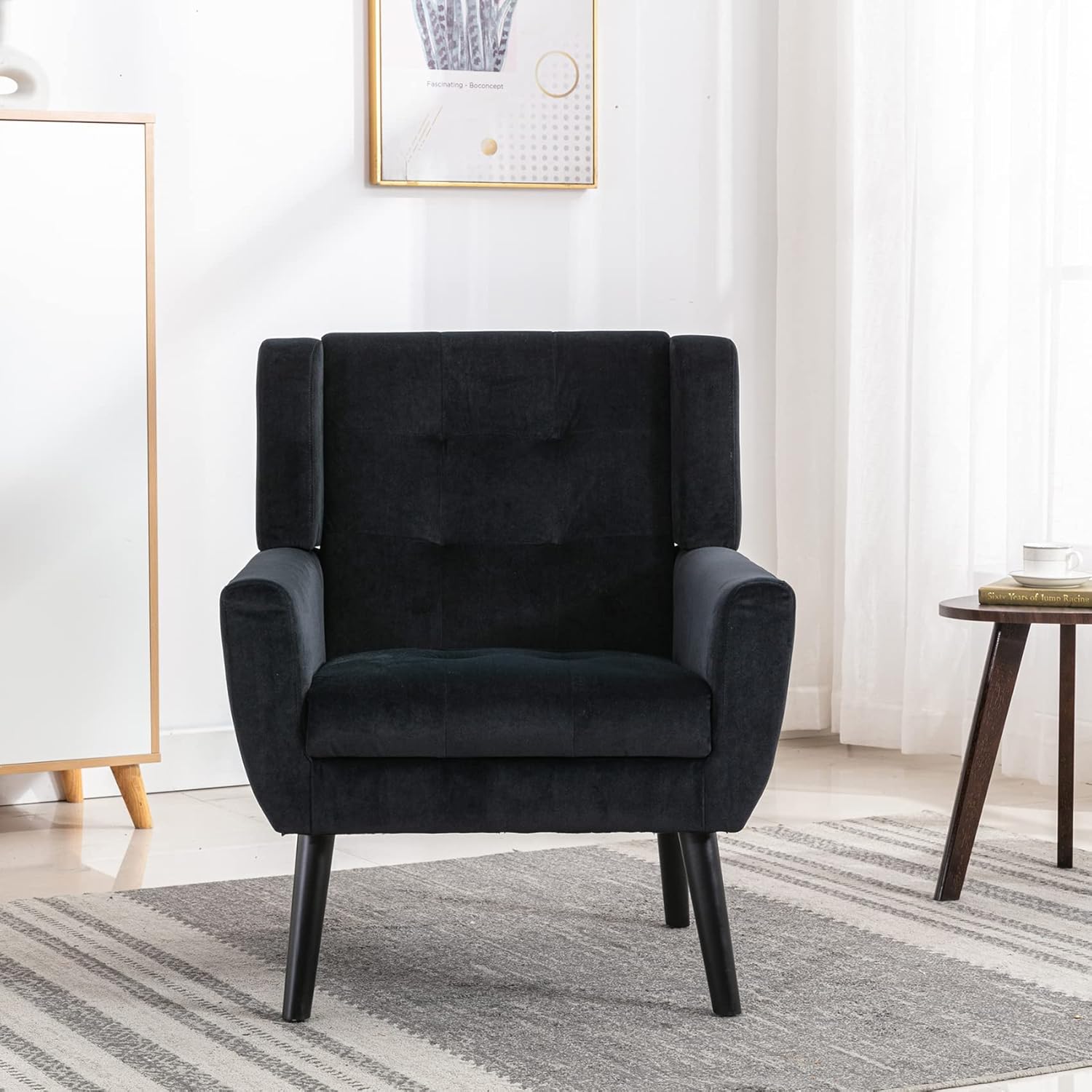 Dolonm Midcentury Modern Velvet Accent Chair with Arms, Upholstered Reading Side Chair Tufted Back Decorative Wingback Chair for Living Room Bedroom (Black)