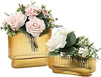 Vista 19 de Jarrones de vidrio acanalado, juego de 2 jarrones estriados para flores, florero de vidrio ámbar para tulipanes, jarrón moderno para sala de estar