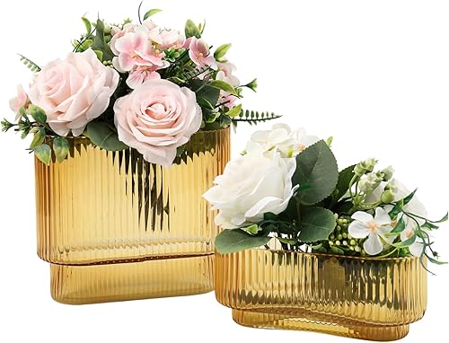 Miniatura 28 de Jarrón redondo de cristal, floreros para ramo, jarrones de vidrio acanalado para flores, pequeño jarrón transparente para sala de estar, oficina,