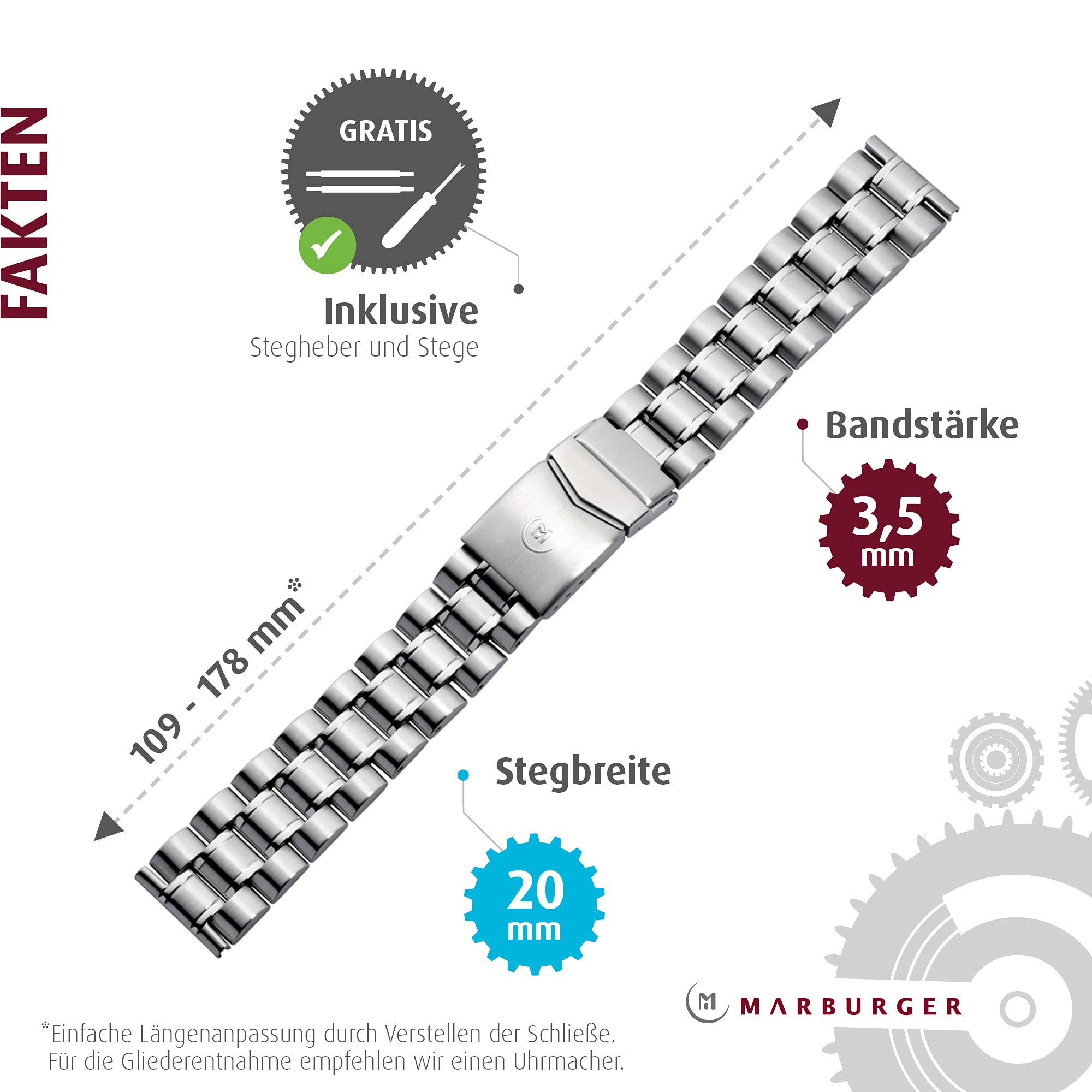 MARBURGER Uhrenarmband 20mm Edelstahl Silber - Werkzeug Montage Set 88508030020