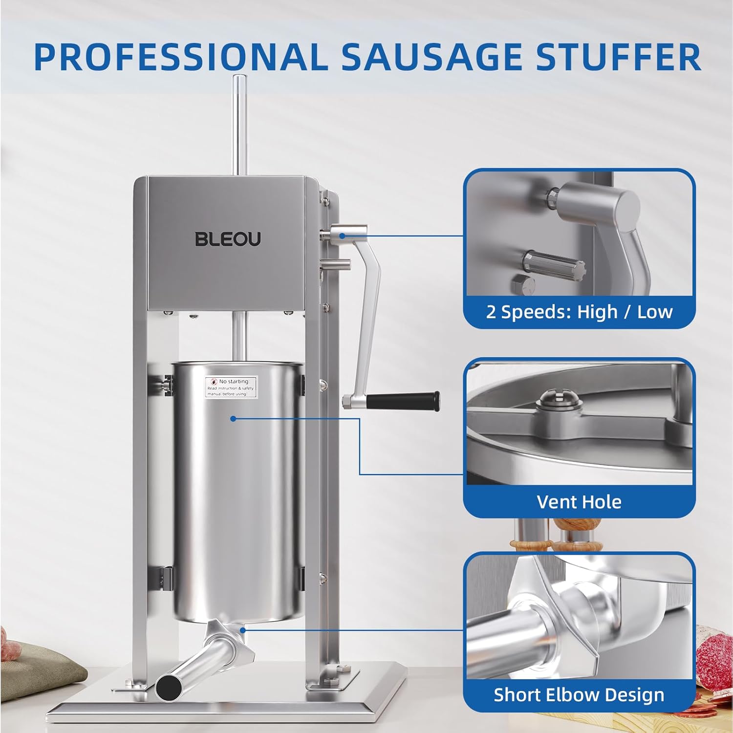 BLEOU 5L Vertical Sausage Stuffer, 304 Stainless Steel Meat Stuffer with Dual Speed, Air Release Valve & 4 Stuffing Tubes for Commercial Restaurant Home Kitchen