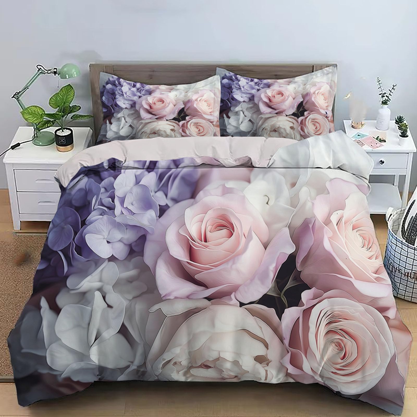 Linge de lit chic en microfibre de qualité supérieure avec motif floral rose et violet