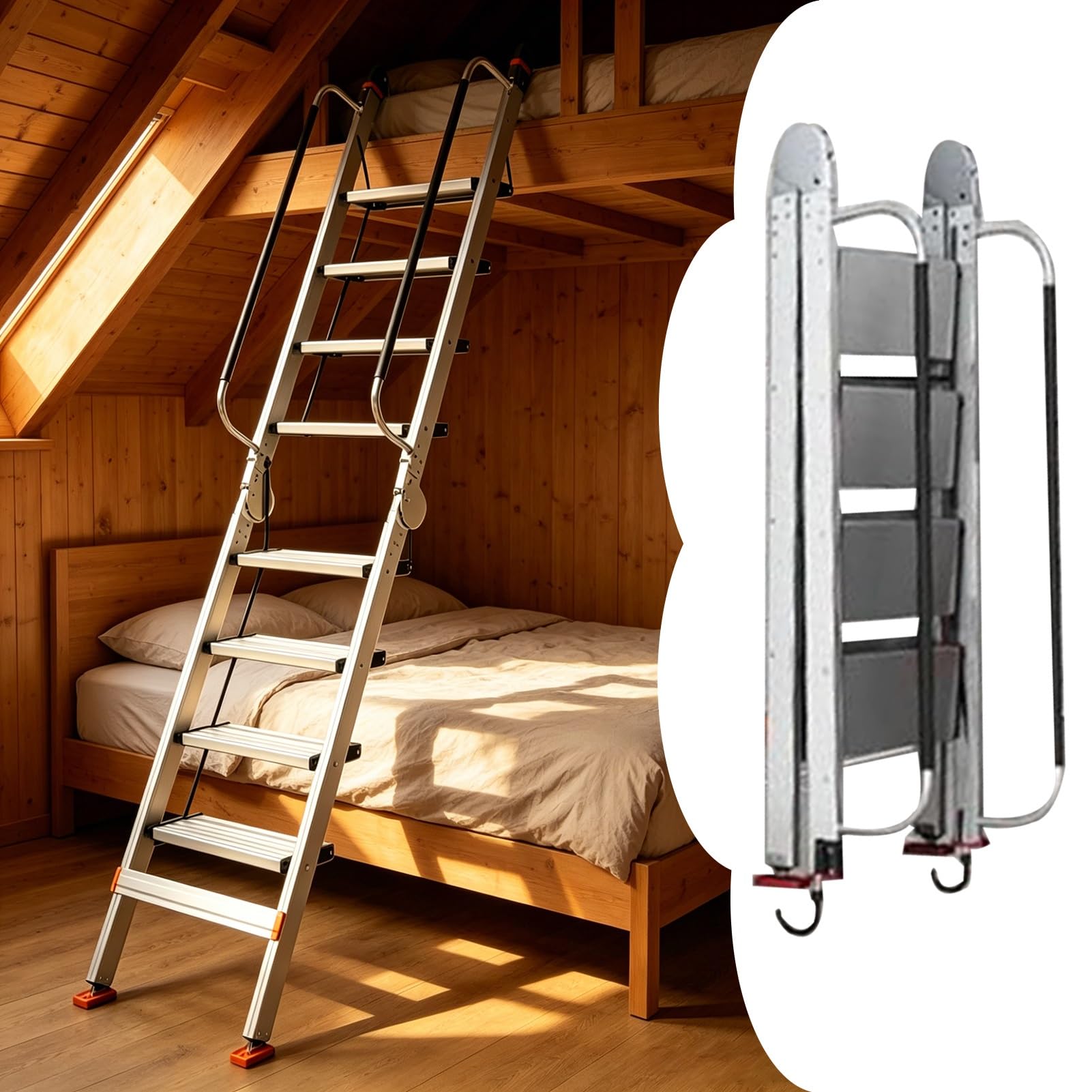 Foldable Attic Ladder Bunk Bed Staircase, Portable Loft Ladders for Tiny Homes, Heavy Duty Fold up Ladder with Foot Grips, Easy to Carry(8 Steps 1.8-2.2m (70.9-86.6"))