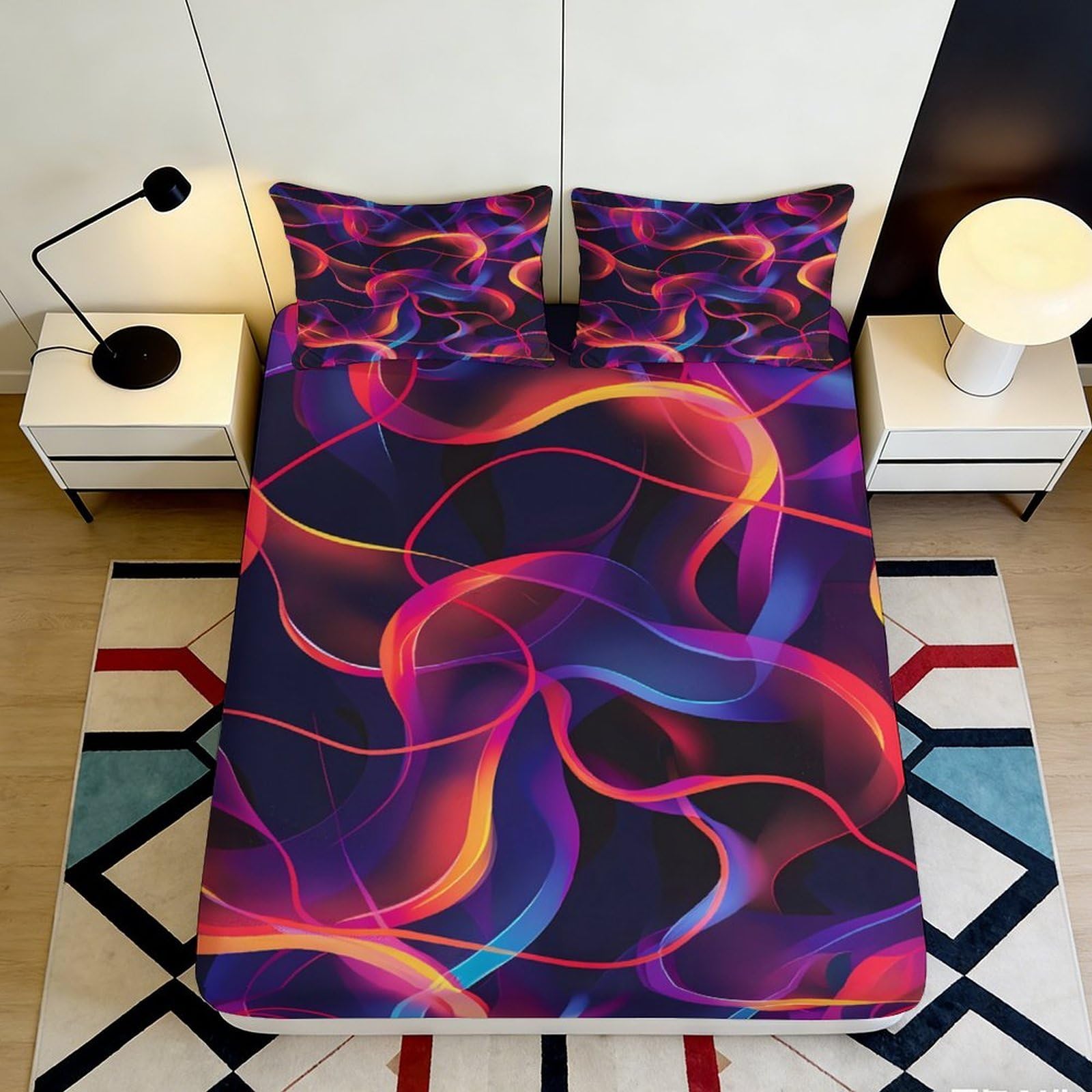 3D Printed Abstract Neon Lines Fitted Sheet Microfiber Soft Breathable Colorful Swirl Bed Cover for Bedroom Dormitory Guest Room Mattress Protection 180x200x25cm