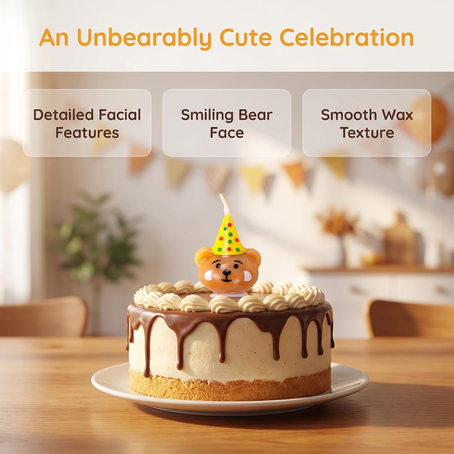 Bear Head Candles with Birthday Hat, 4 PCS Mini Cake Cupcake Topper