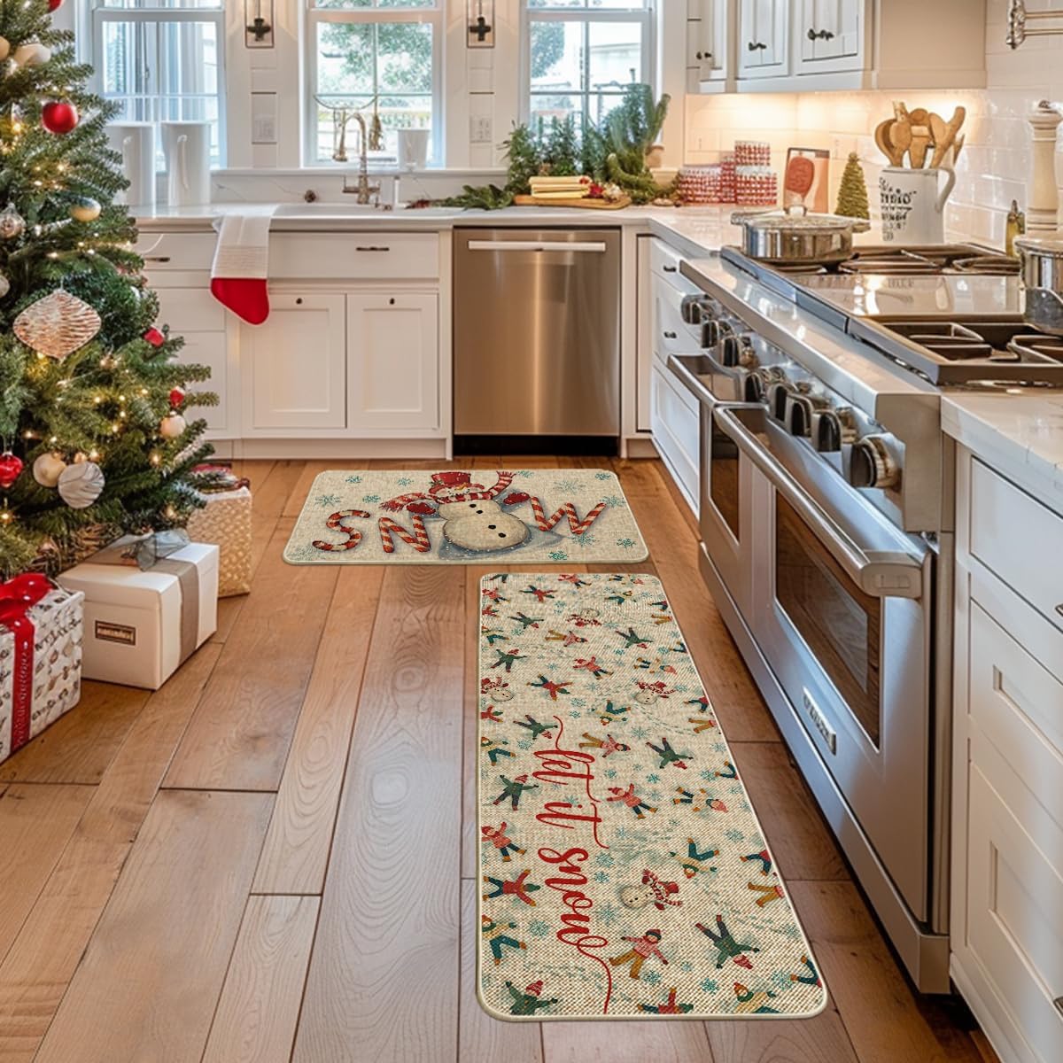 Artoid Mode Candy Cane Snowman Let It Snow Winter Kitchen Mats Set of 2, Christmas Low-Profile Home Decor Kitchen Rugs for Floor - 17x29 and 17x47 Inch
