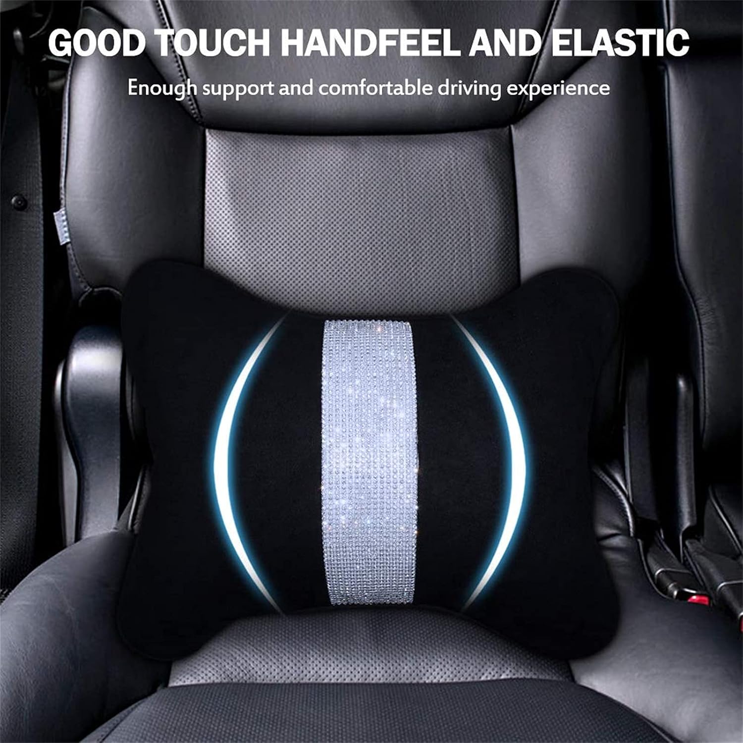 eing 2PCS Car Seat Back Support Lumbar Cushion Soft Plush Waist Pillows with Crystal Rhinestones,Black