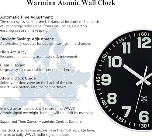 Miniatura 6 de Reloj atómico con brillo en la oscuridad, juegos analógicos que funcionan automáticamente con pilas, fácil de leer, números luminosos de 12