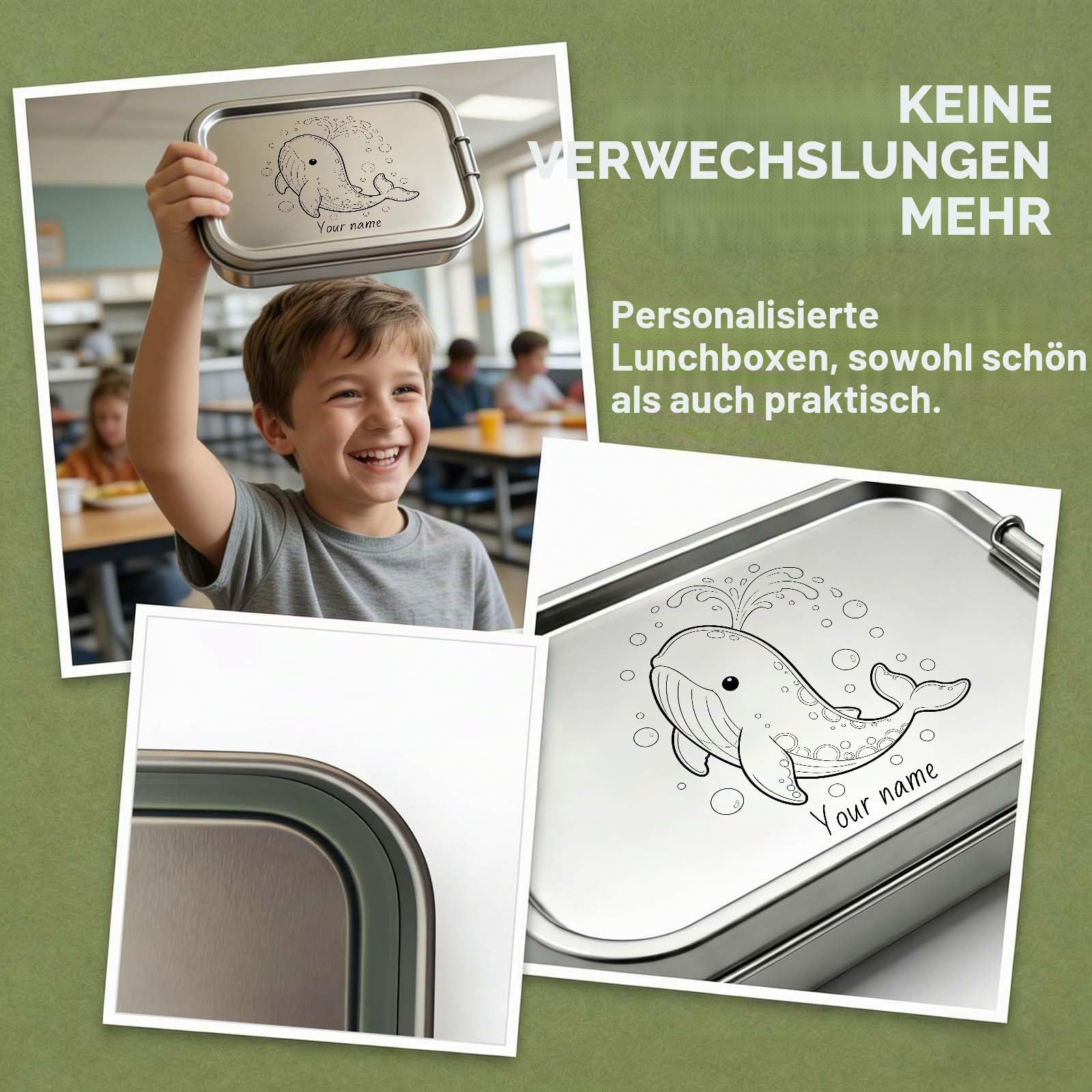 Personalisierte Edelstahl Brotdose Optional Fächern, mit 4-teilig Edelstahl Besteck, 700ml/1000ml/1650ml, Laserdruck mit Namen/Foto, Auslaufsichere Lunchbox für Kinder & Erwachsene, Bento Box(1650ML)