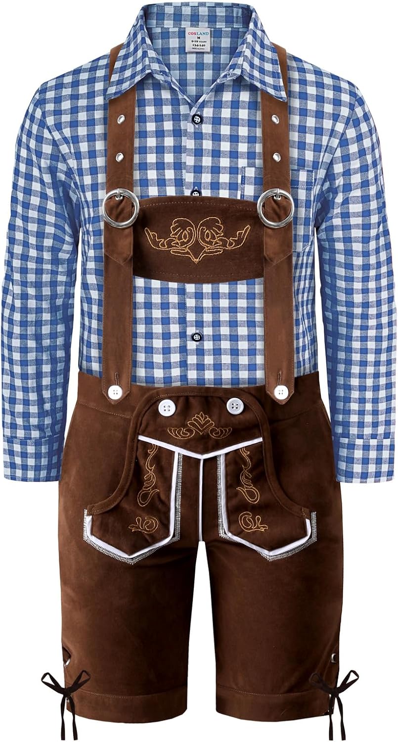 COSLAND Toddler & Boys Oktoberfest Lederhosen 2-Piece Set, Plaid Shirt & Brown Suspender Shorts, 4T-12 Years Old