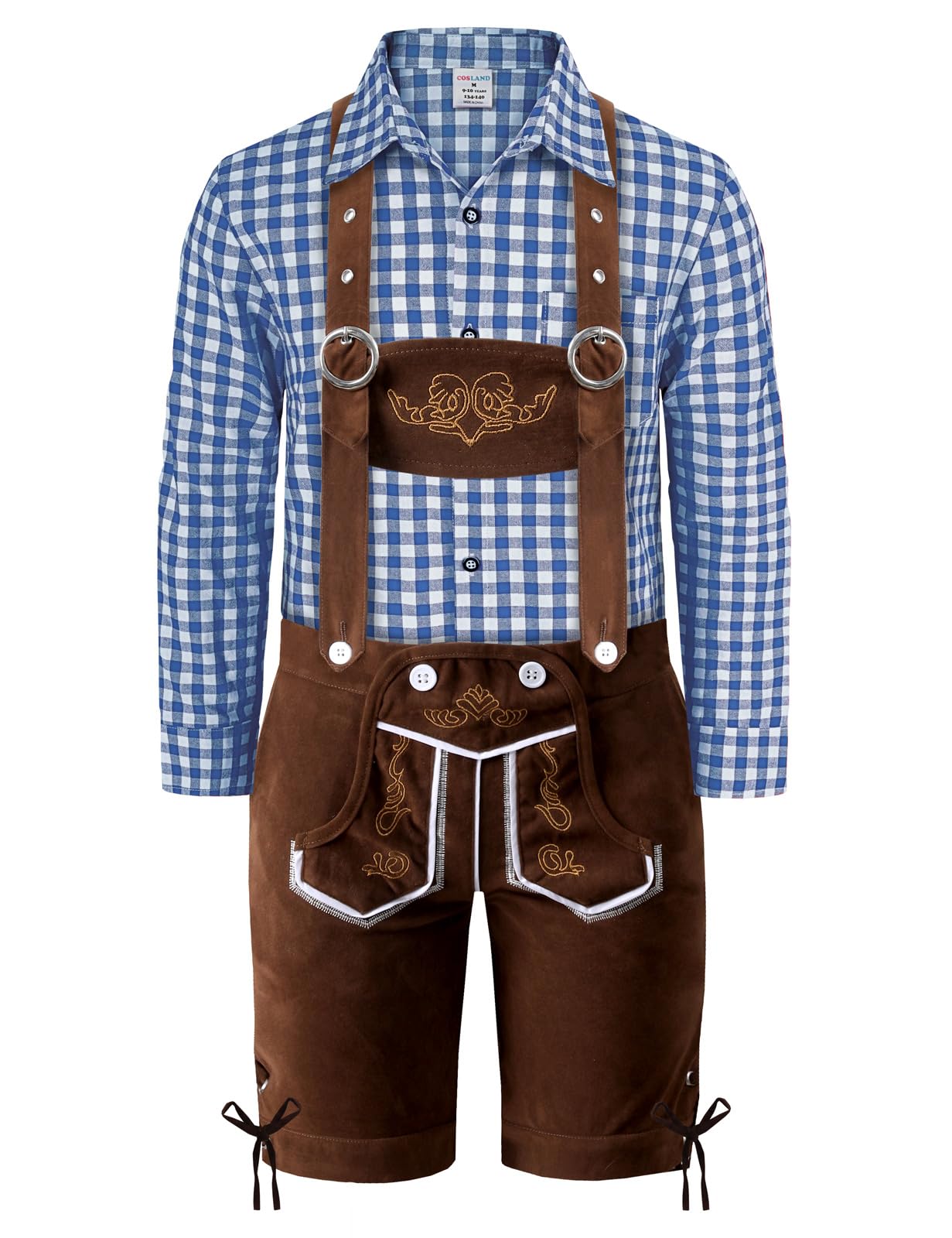 MOMBEBE COSLAND Kids Oktoberfest Outfit Boys Beer Costume, Lederhosen + Blue and White Plaid Shirt, 9-10 Years