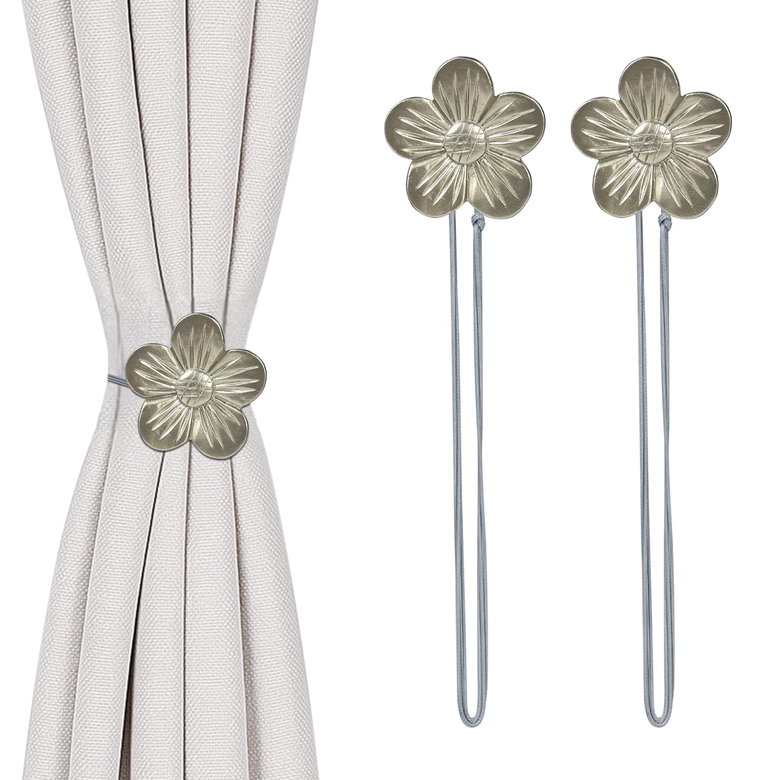 TopHomer Magnetic Curtain Tie Backs, 2Pcs Adjustable (40cm/15.7in) Curtain Tiebacks, 5 Colors Resin Flower Magnetic Tie Backs for Curtains Home Office Thick/Thin Drapes