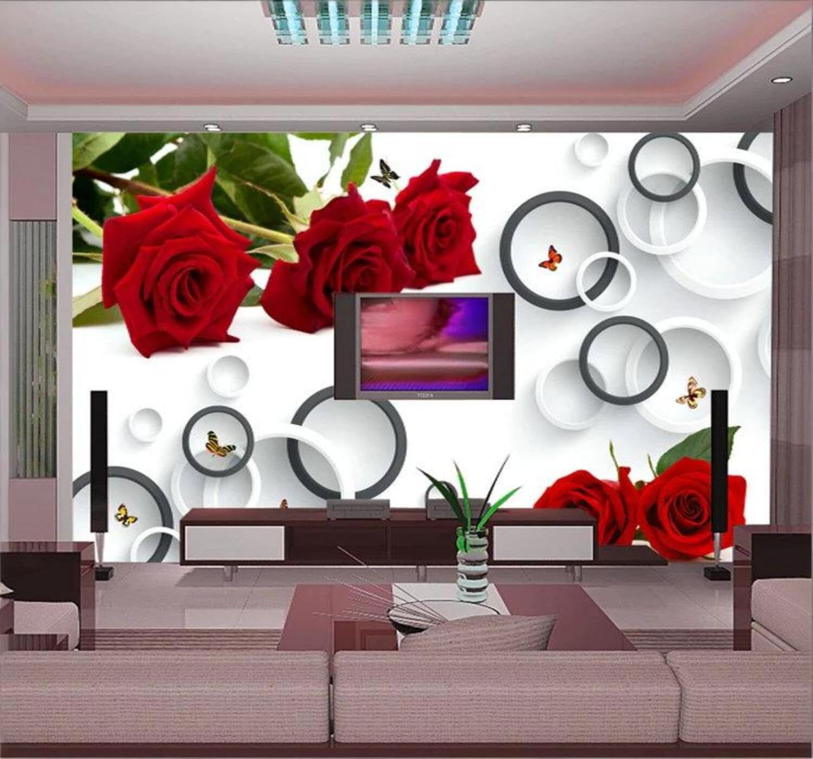 Three Dimensional Romantic Red Rose Circular Butterfly 3D Wallpaper Easy Install Feature Office Living Room Sofa Bedroom TV Background Wall Decoration-350cm×256cm