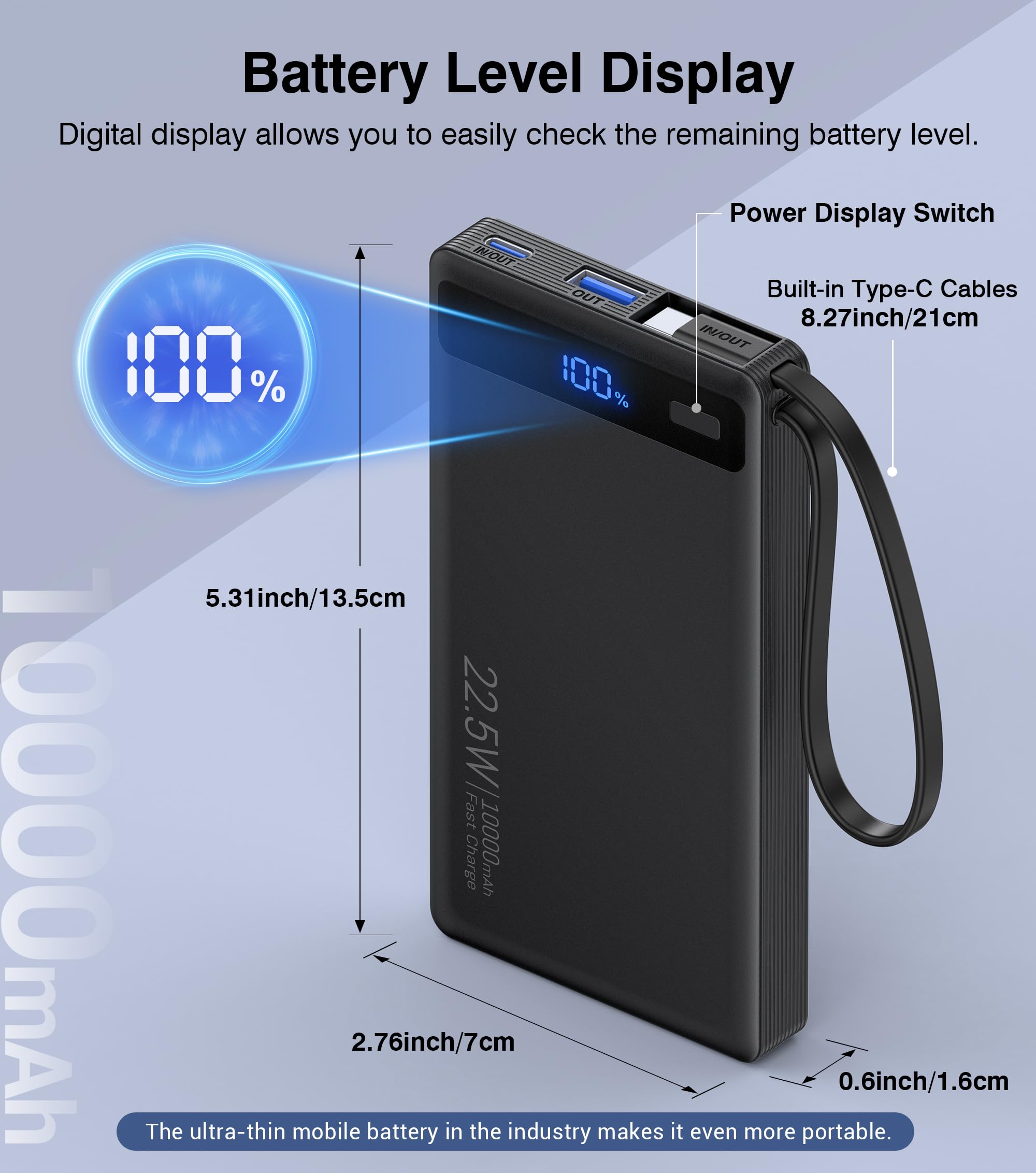 Banco de energía con cables dobles integrados, carga rápida de 10000 mAh, cargador portátil PD de 22.5 W con pantalla de nivel de batería y 4 puertos, compatible con iPhone 17/16/15/14, dispositivos