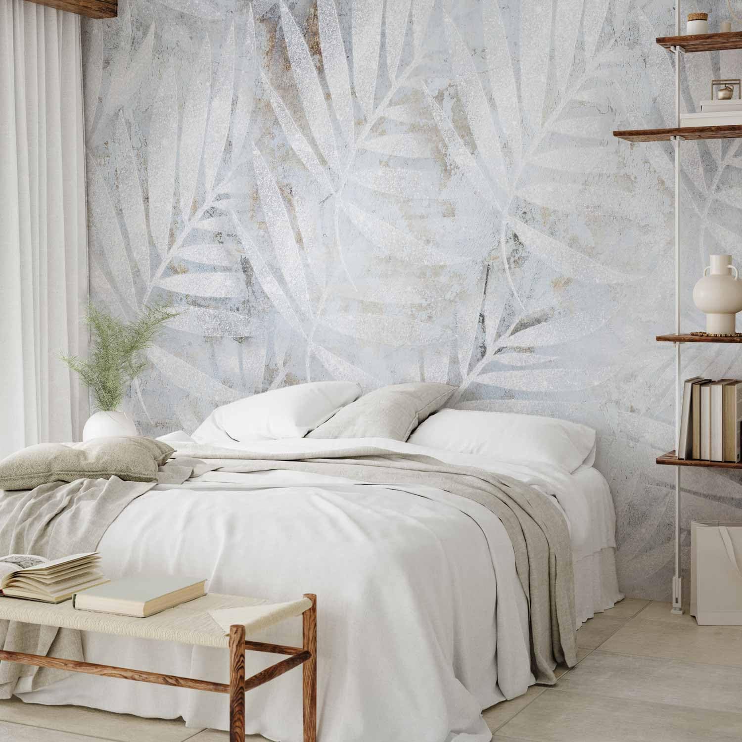 murando Fotomurales autoadhesivos tropical Hojas 343x256 cm Papel Pintado | Decoración de Pared Murales Pegatina decorativos adhesivos 3d Fotográfico Palmeras blanco gris