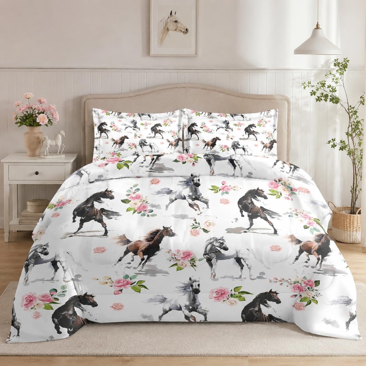 WeCozy Full Size Comforter Set with 2 Pillowcases, Horses Soft 3 Pcs Bedding for Kids and Adults, Pink Rose Flower Comforter Set for Room Bedroom Bed Decor