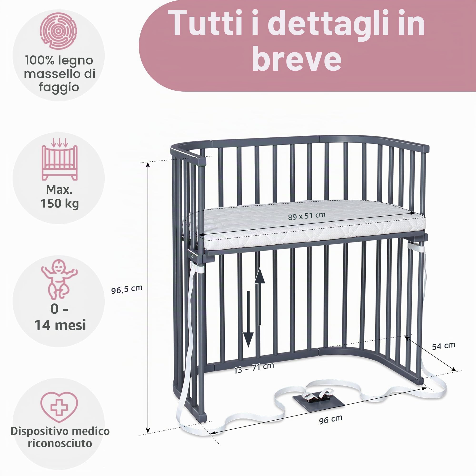 babybay Boxspring Lettino in legno massello di faggio, compatto e trasformabile, altezza regolabile senza livelli preimpostati, lettino per bambini (verniciato grigio ardesia), con materasso, griglia