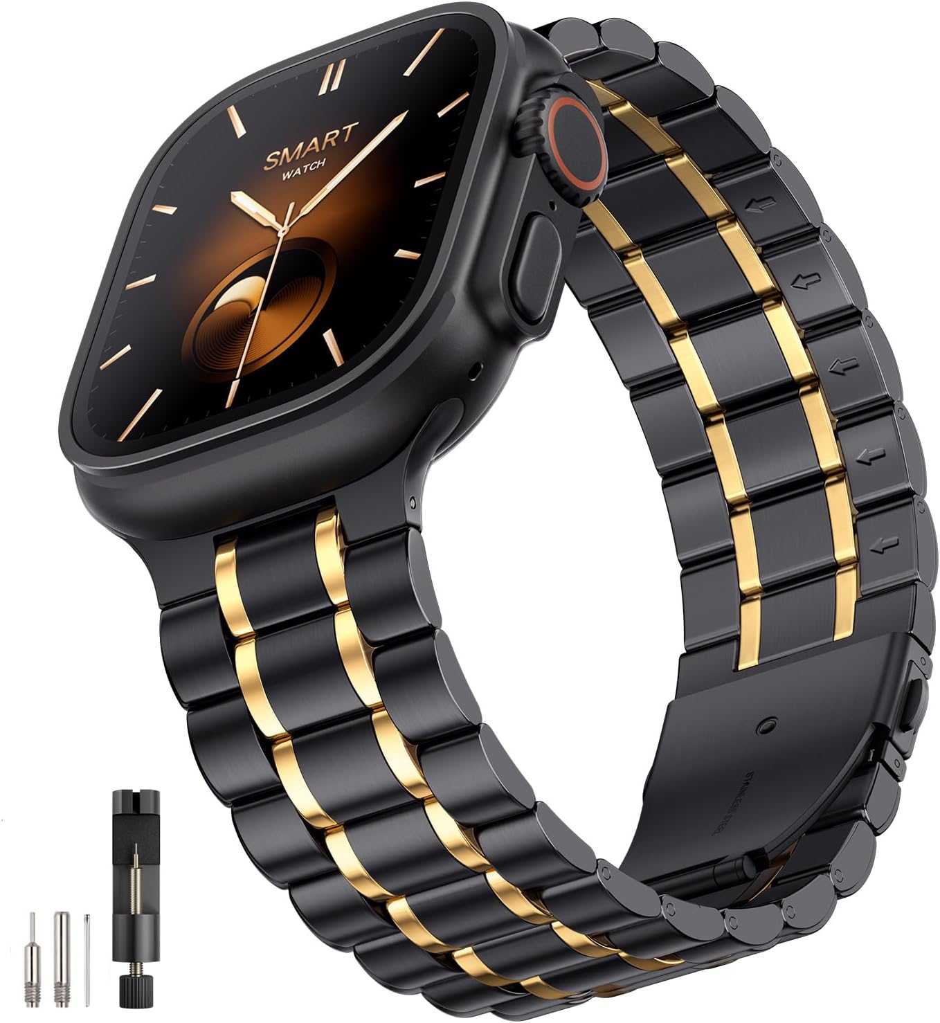 Bestig Compatible with Apple Watch Bands for Men Women 49mm 46mm 45mm 44mm 42mm(Series 3 2 1), Stainless Steel Metal Business Wristband Strap for iWatch Ultra Series 11 10 9 8 7 6 SE 5 4, Black/Gold