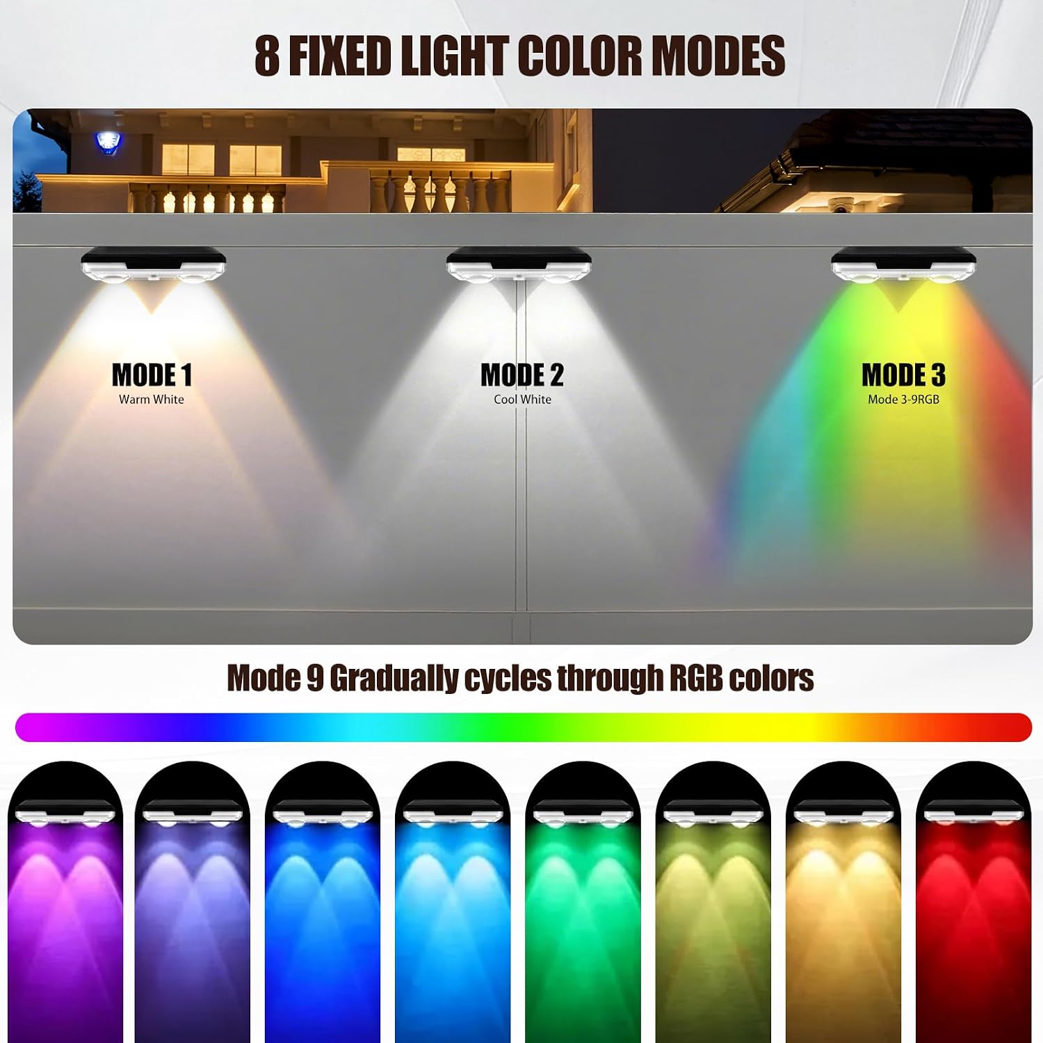 Solar Fence Lights Outdoor，12 Pack IP65 Waterproof Fence Lights Solar Powered with Ultra-Bright LED Lens，12+ Hours Steady Glow 9 Color Modes for Outside Patio Step Backyard Railing