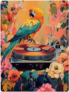 Cafemira Metal sign,Retro tape recorder & parrot,Tin sign home Art wall decor,indoor outdoor decorative plaque poster,for living room,bar,pub,club,man cave,Bedroom,easy to hang,5.5x8 inch