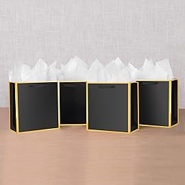 SHIPKEY 10 Pcs Black Gift Bags with Gold Frame and Tissue Paper, 8.7x3.9x7.1 Inches Luxury Kraft Paper Bags with Handles, Bulk Gift Bag for Men, Groomsmen, Party, Wedding (5 Senses, 22x10x18 cm)