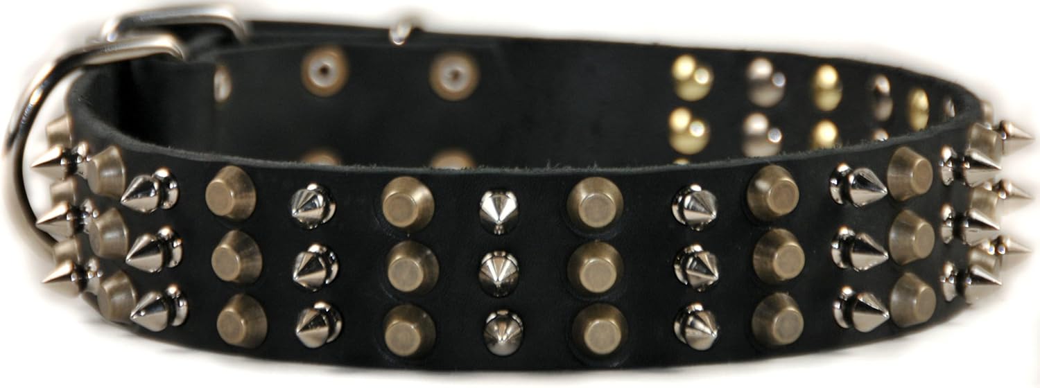Dean & Tyler Leather Dog Collar with Nickel Plated Spikes and Vintage Brass Pyramids, 30-Inch by 1-3/4-Inch, Fits Neck 28-Inch to 32-Inch, Black