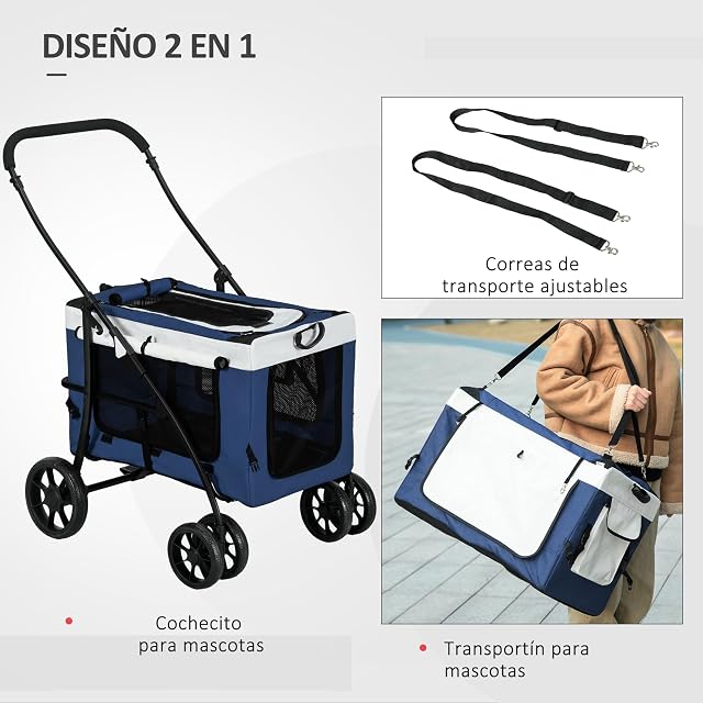 Foto 5 de 8 de PawHut Carrito para Perros 4 en 1, Plegable para Pequeños, 10 kg, Azul