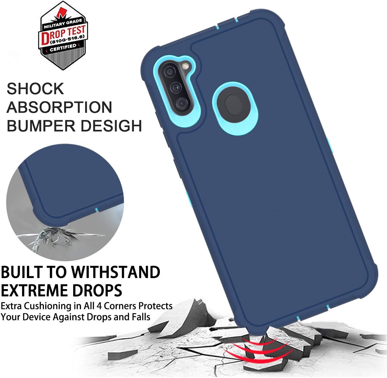 PhuLok Galaxy A11 Case,Samsung A11 Case (North American Version),with HD Screen Protector,Heavy Duty Armor Dual Layer Shockproof Sports Anti-Scratches Non-Slip Bumper Rugged (Deep Blue/Sky Blue)