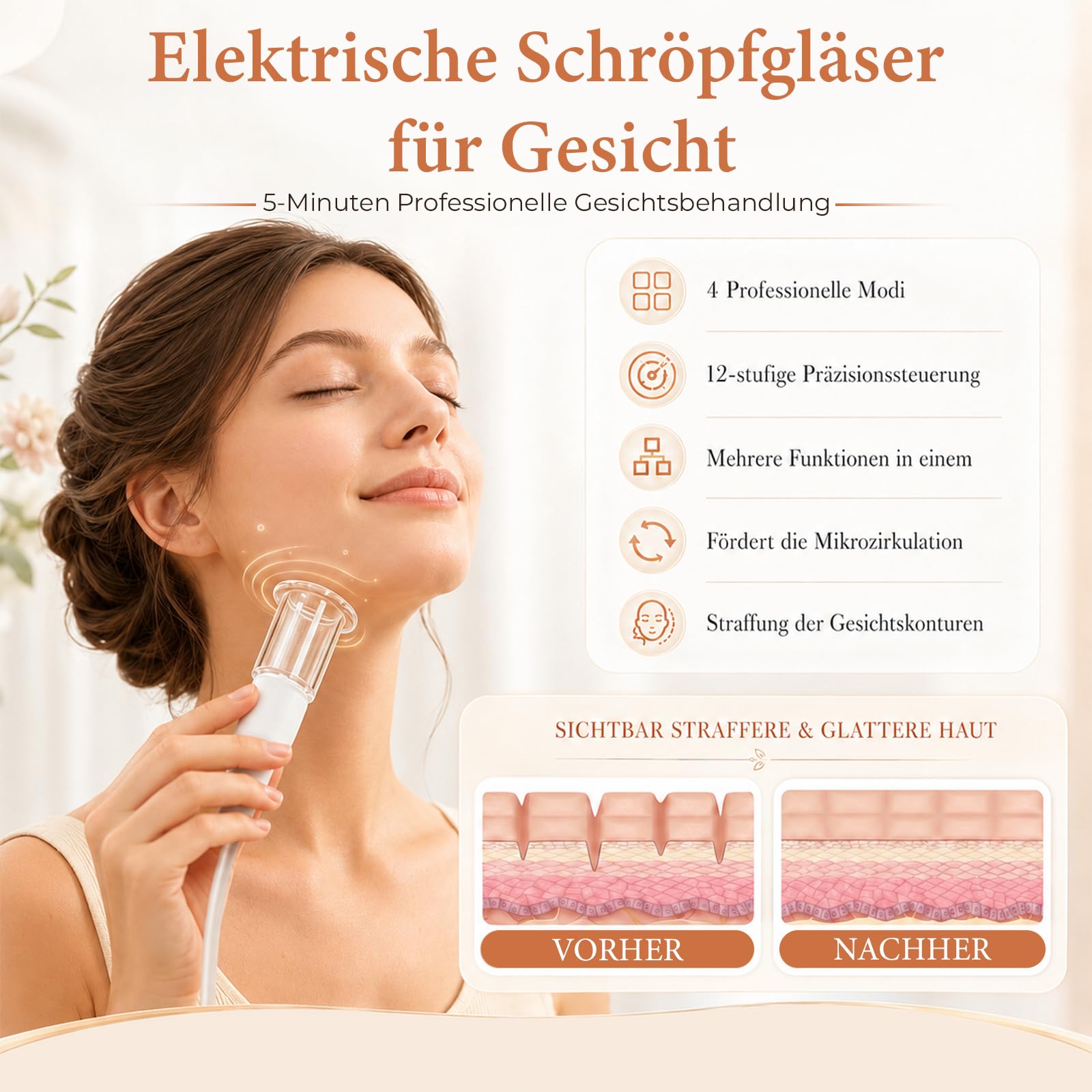 3-in-1 Schröpfgerät Gesicht Elektrisches mit 6 Schröpfgläsern, Gua Sha Vakuum Cupping Gesichtsmassagegerät, 4 Modi 12 Saugstufen, Sicherheitstaste, strafft Gesichtskonturen fördert die Serumabsorption