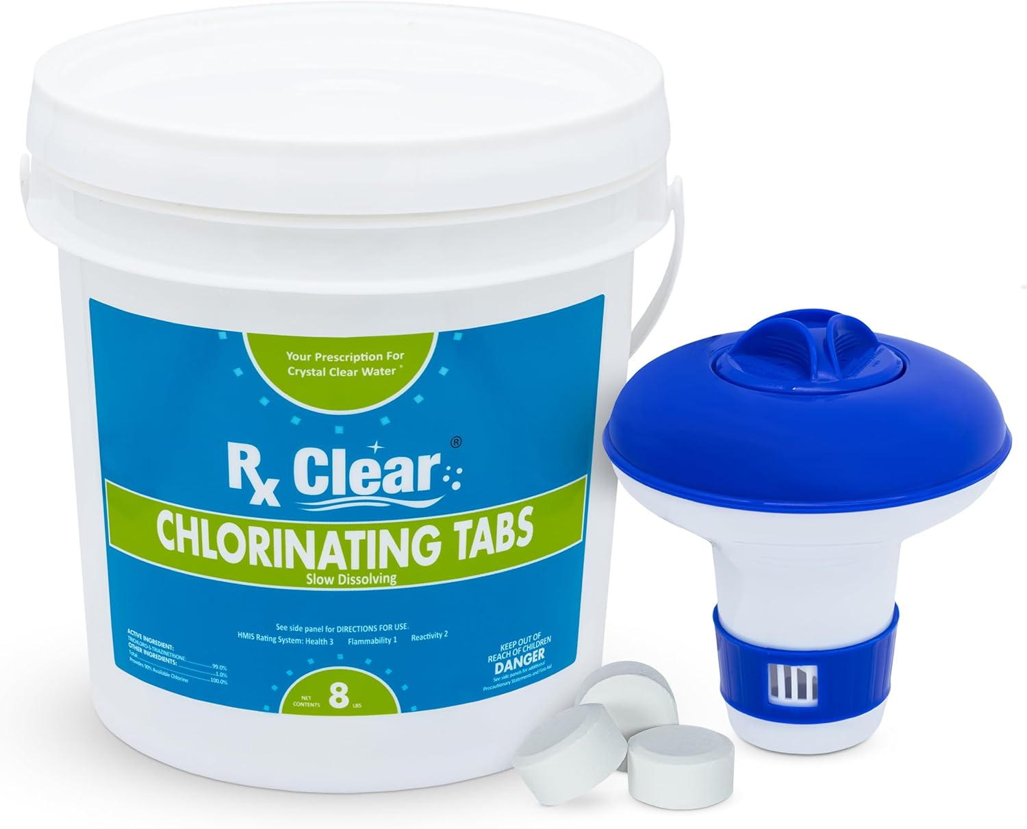 Rx Clear 1" Inch Chlorine Tabs | 8 Pounds | Use Tablets as Bactericide, Algaecide, & Disinfectant in Swimming Pools | Includes Small Floating Chemical Dispenser
